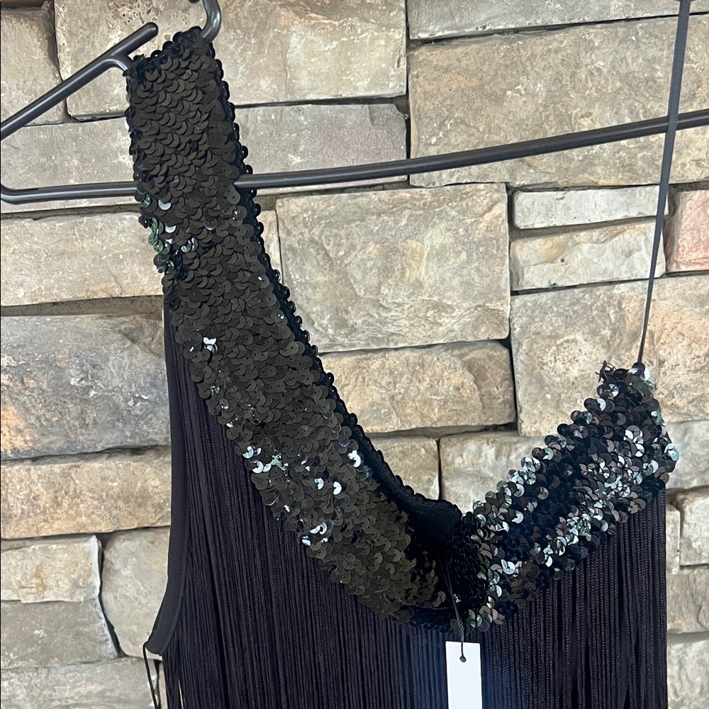 PattyBoutik Black Sequin Fringe One Shoulder Top - Picture 2 of 6